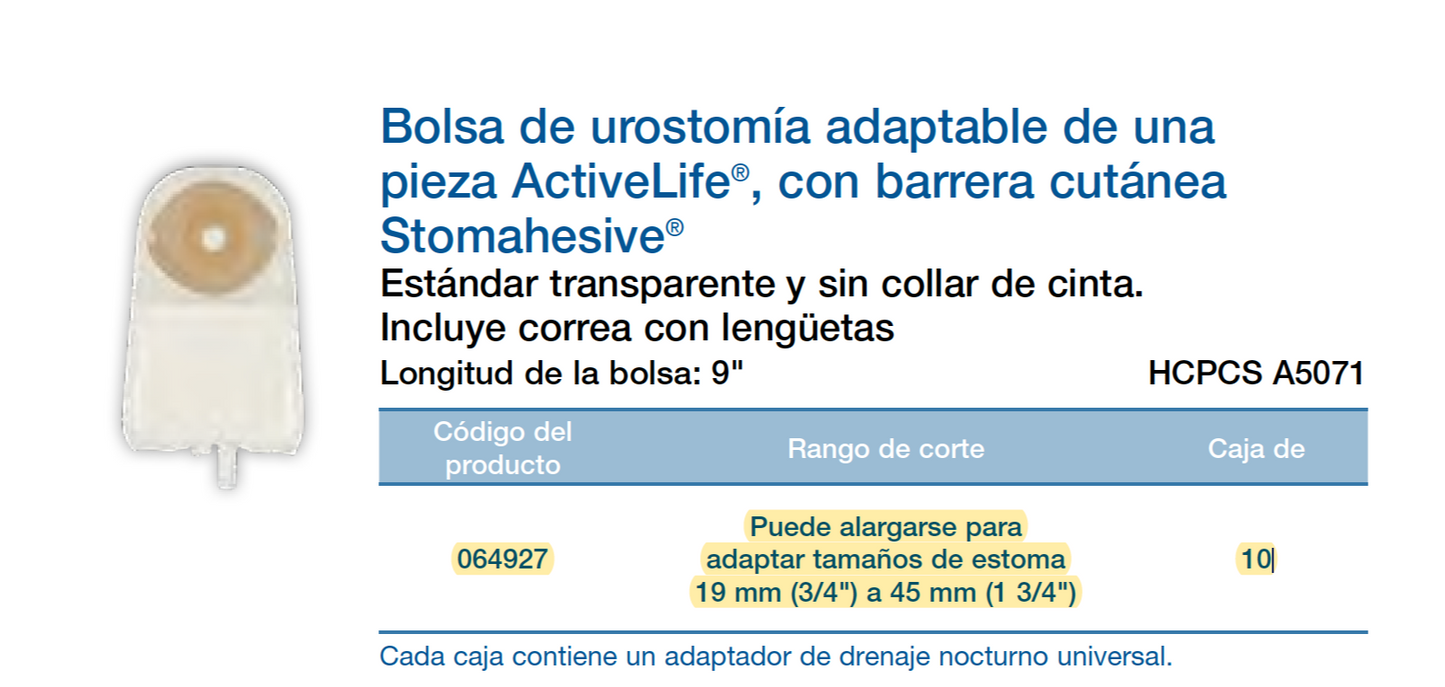 Bolsa de Urostomía de Una Pieza Recortable 19-45mm (Ref. 64927) - Convatec