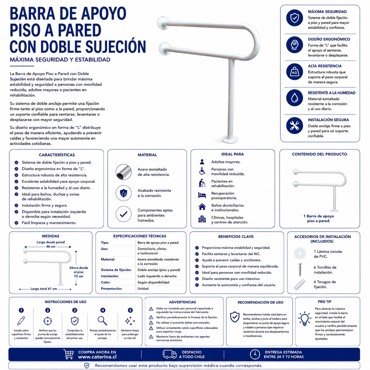 Barra Apoyo Piso-Pared con Doble Sujeción