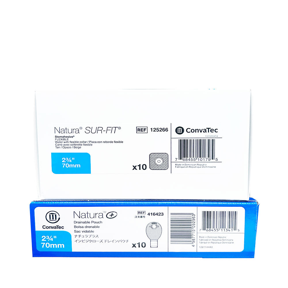Pack Colostomía Natura – ConvaTec | 10 Placas Flexibles + 10 Bolsas Drenables Opacas con Filtro