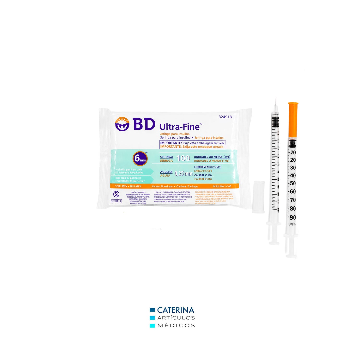 Jeringa de Insulina - BD Ultra Fine Aguja: 6mm x 31G. 100U. Escala: 2 en 2unds. (Ref. 324918)