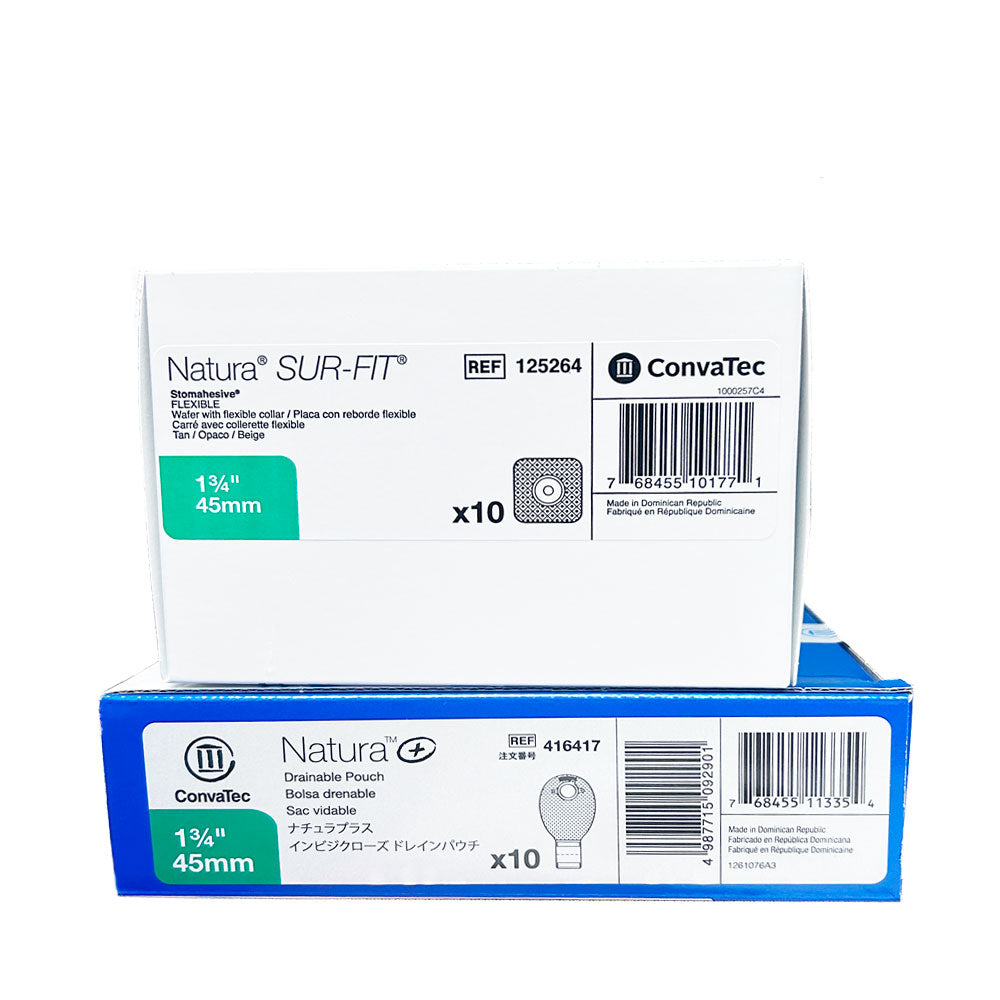 Pack Colostomía Natura – ConvaTec | 10 Placas Flexibles + 10 Bolsas Drenables Opacas con Filtro
