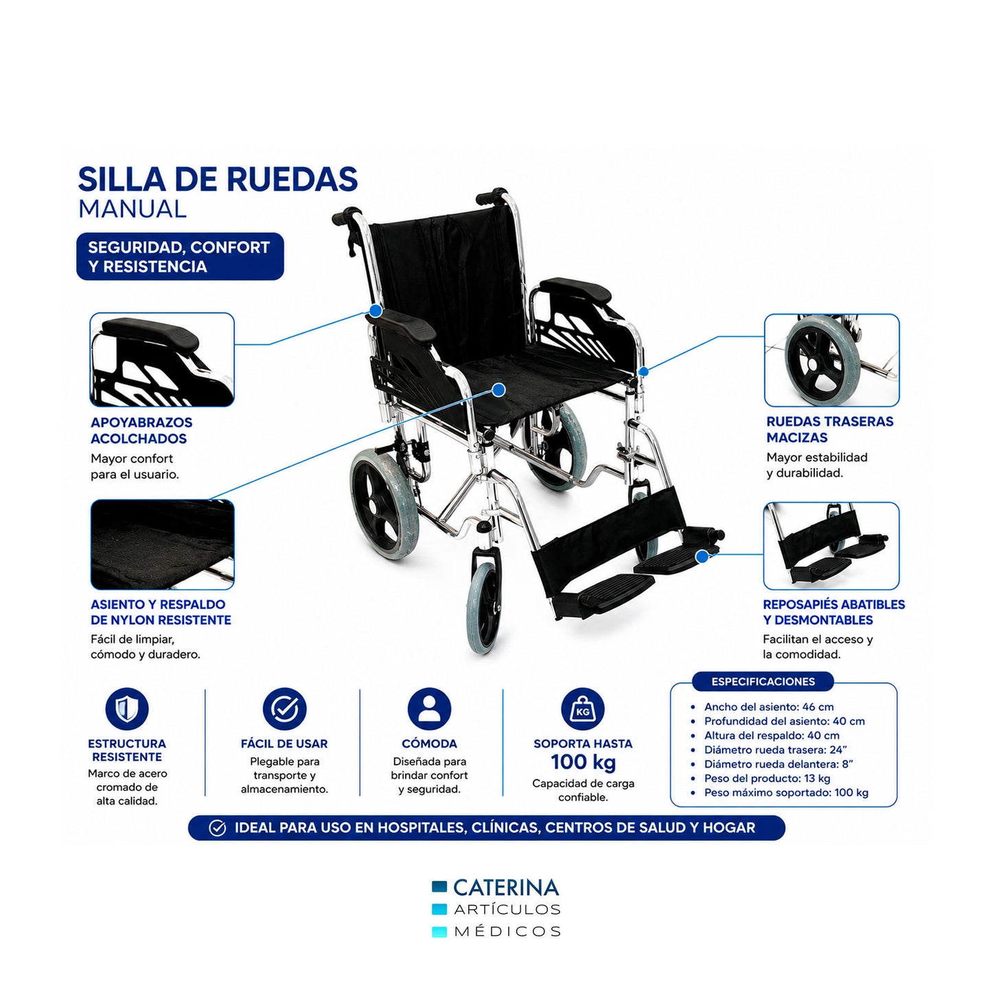 Silla de Ruedas Geriátrica Cromada